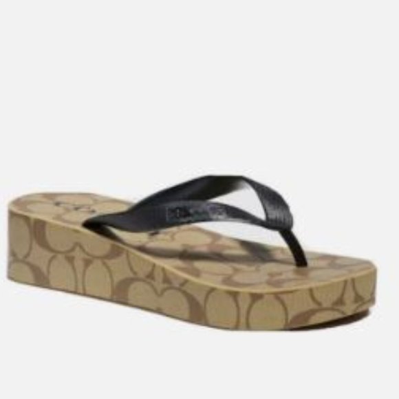 NWT COACH Khaki/Black SIG C LYNN Platform Wedge Sandal/Flip Flops - Picture 4 of 10